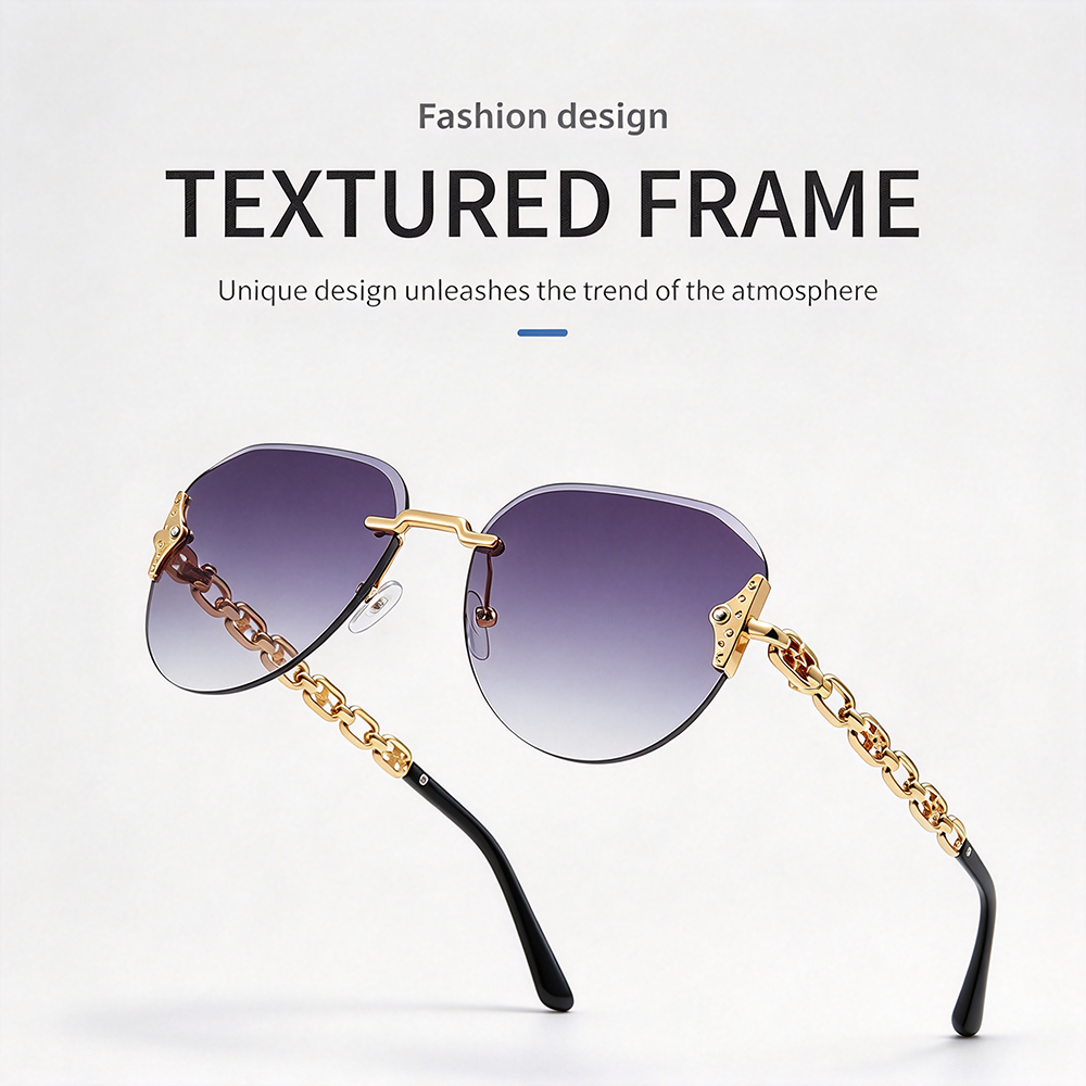 Luxury Fashion Rimless Sunglasses Women Diamond Beveled Cut Edge Gradient PC Lens UV400 Hollow Chain Link Temples Custom Design