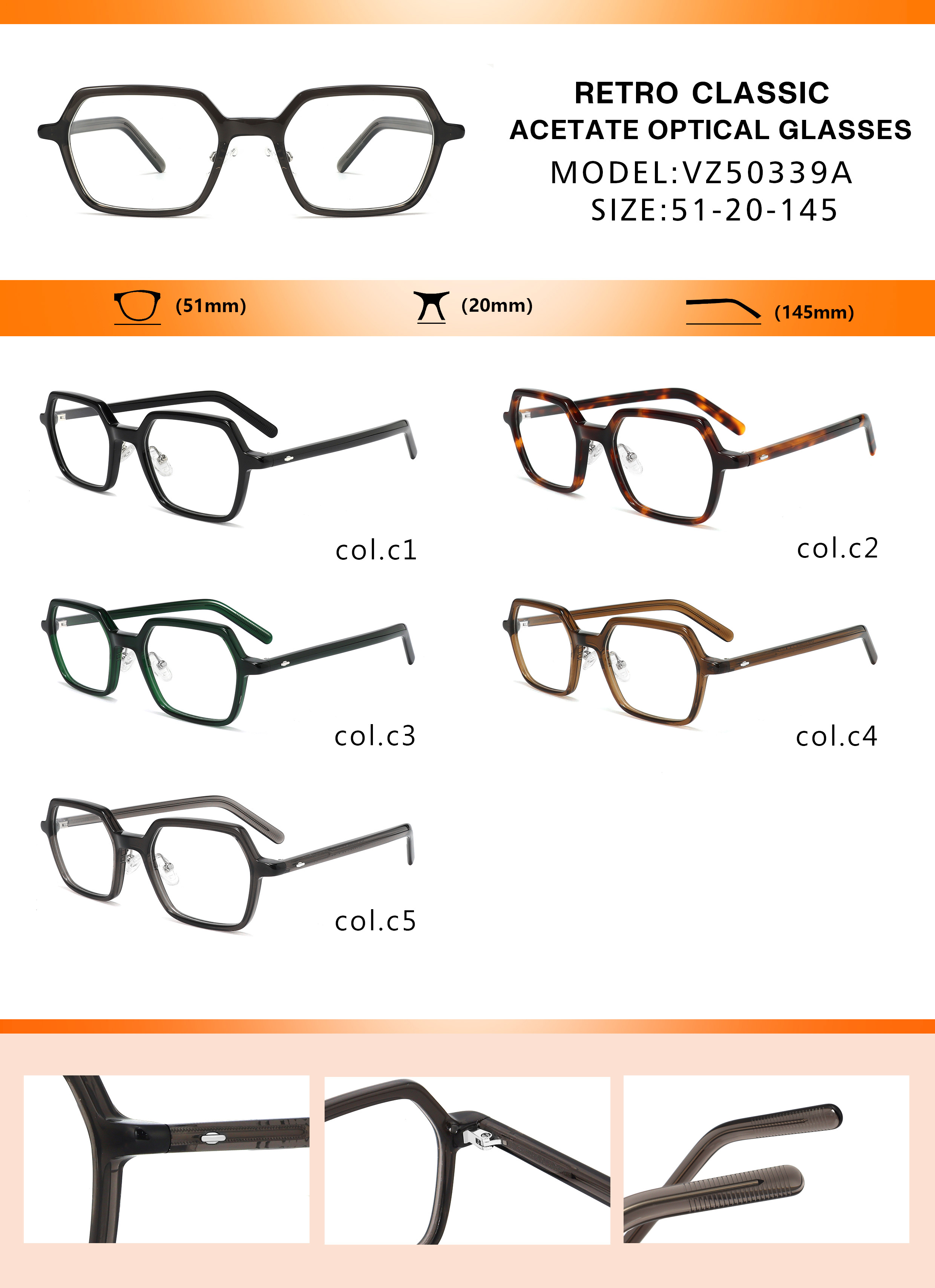 Retro Eyeglasses Transparent Grey Acetate Optical Glasses With Rubber Nose Pad Acetate Spectacle Frames Unisex For Men And Women