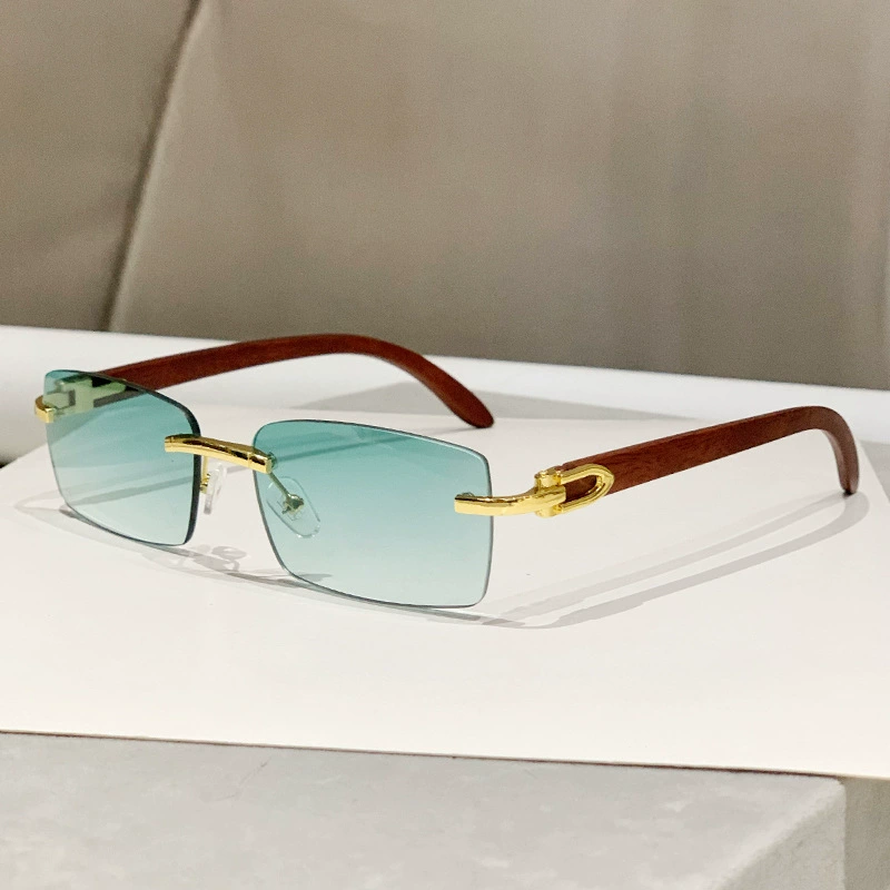 2025 Fashion Rimless Cut Wood Grain Temples Sunglasses Designer Men's Custom Logo Badge High Quality Driving Sun Glasses