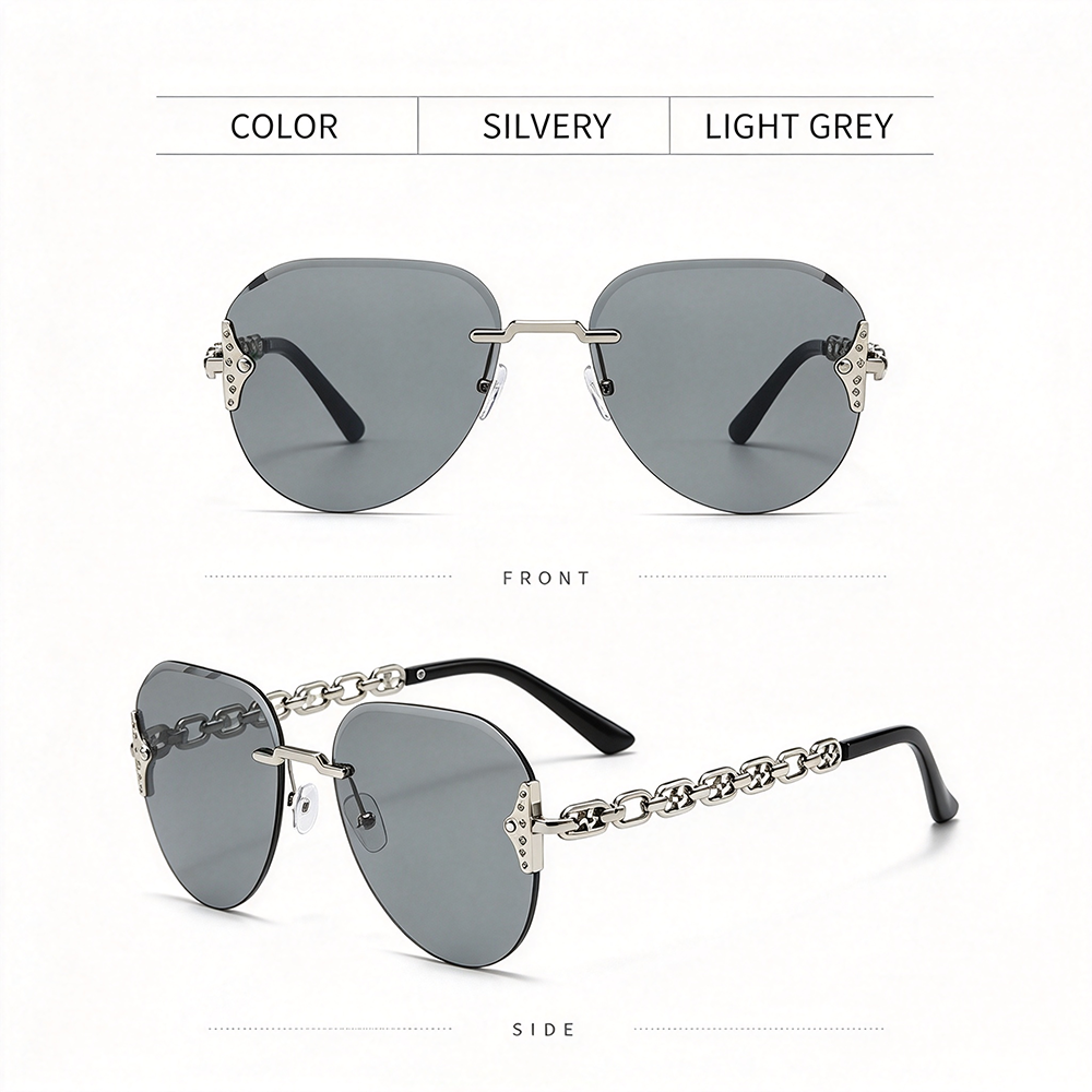 Luxury Fashion Rimless Sunglasses Women Diamond Beveled Cut Edge Gradient PC Lens UV400 Hollow Chain Link Temples Custom Design