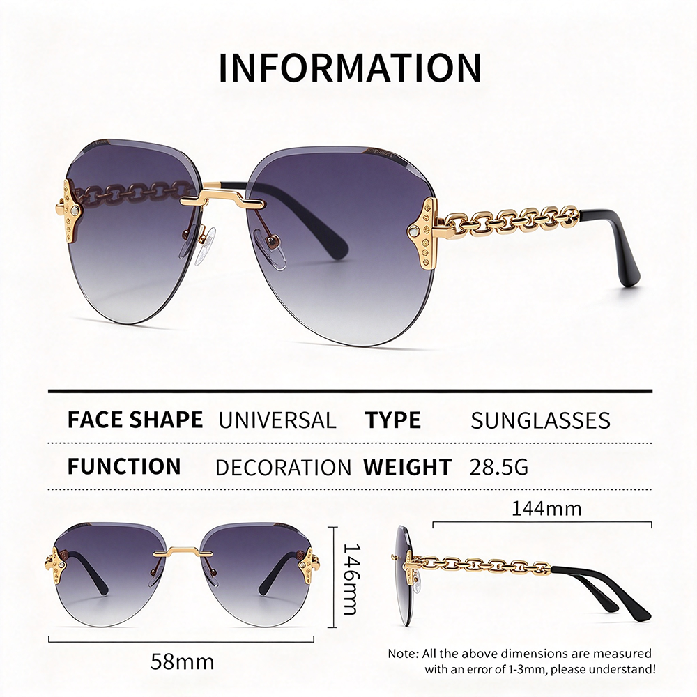 Luxury Fashion Rimless Sunglasses Women Diamond Beveled Cut Edge Gradient PC Lens UV400 Hollow Chain Link Temples Custom Design