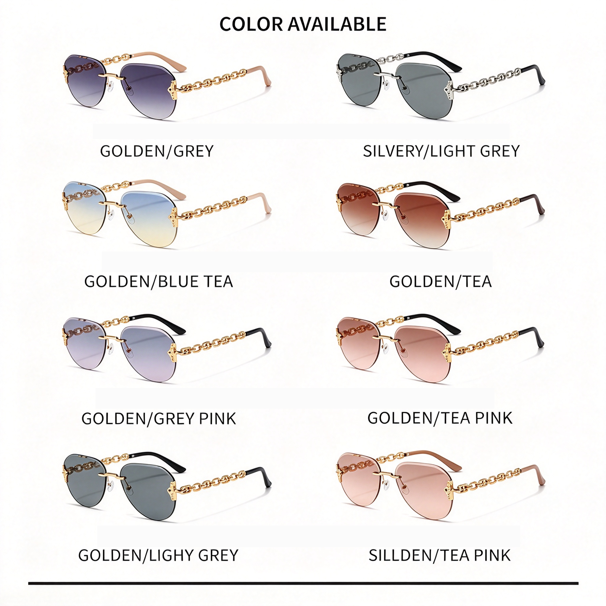 Luxury Fashion Rimless Sunglasses Women Diamond Beveled Cut Edge Gradient PC Lens UV400 Hollow Chain Link Temples Custom Design